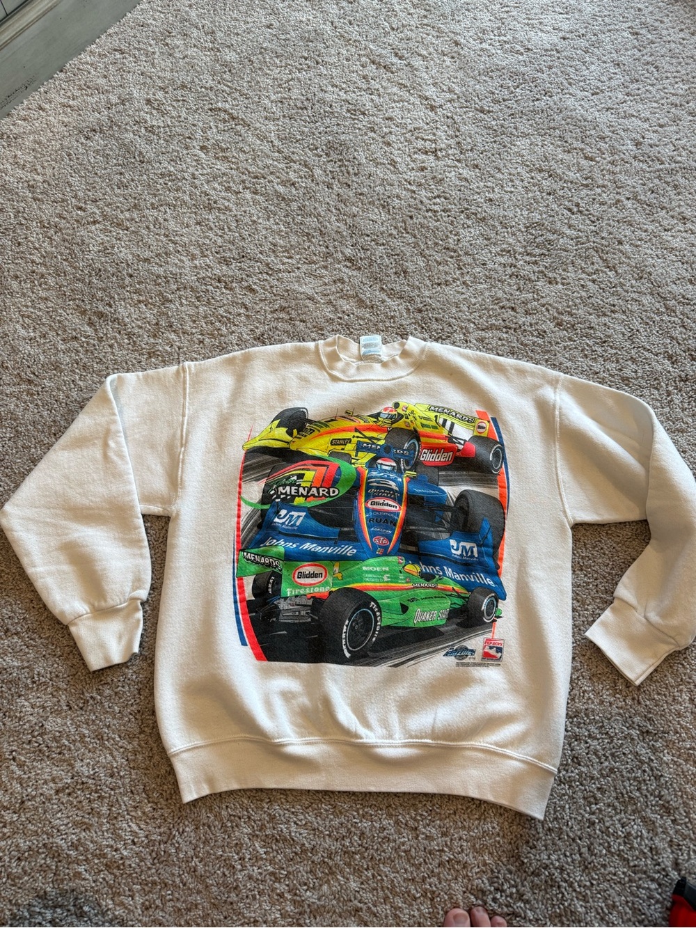 Vintage Pepboys Cream F1 Racing Graphic Crewneck Sweatshirt Size Large